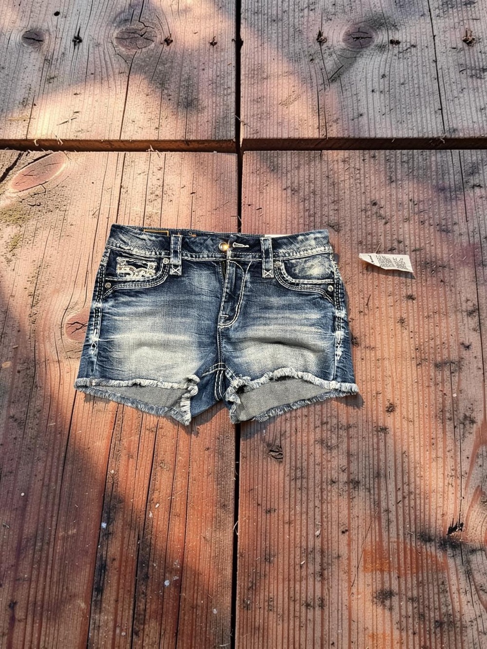 Rock Revival Distressed Frayed Hem Denim Shorts - Blue Wash